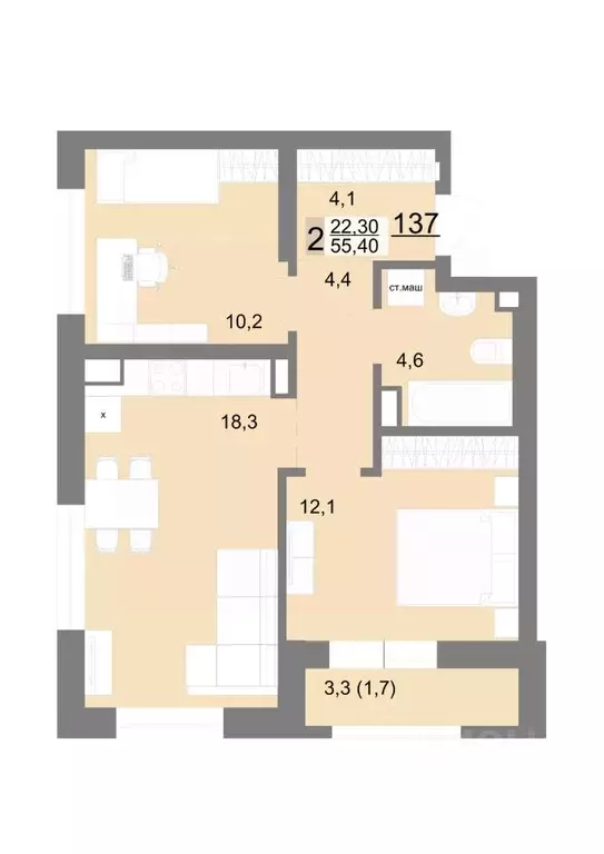 2-к кв. Свердловская область, Екатеринбург ул. Металлургов, 63/1 (55.4 ... - Фото 1