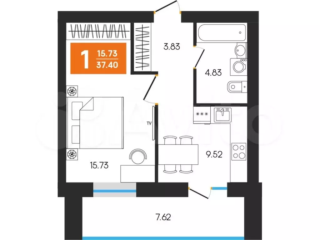 1-к. квартира, 37,4 м, 8/8 эт. - Фото 0