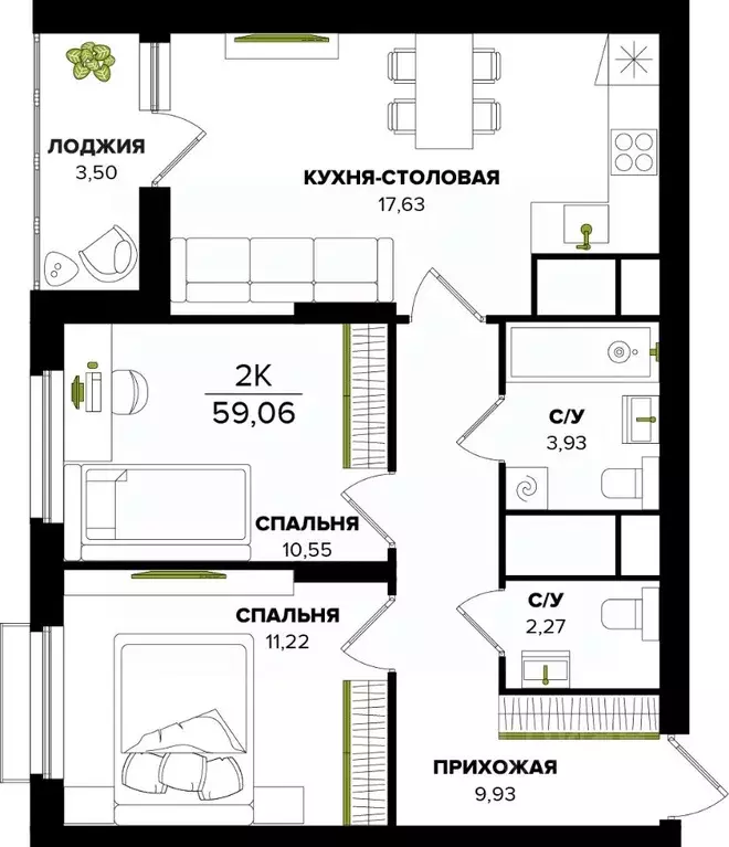 2-к кв. Тульская область, Тула  (59.06 м) - Фото 0