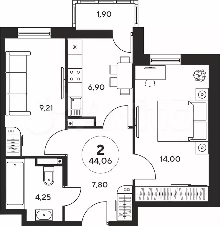 2-к. квартира, 44,1 м, 21/25 эт. - Фото 1