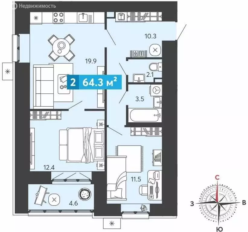 2-комнатная квартира: Засечное, Прибрежный бульвар, 5 (64.3 м) - Фото 1