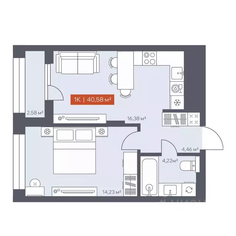1-к кв. Томская область, Томск Красноармейская ул., 144 (40.58 м) - Фото 2