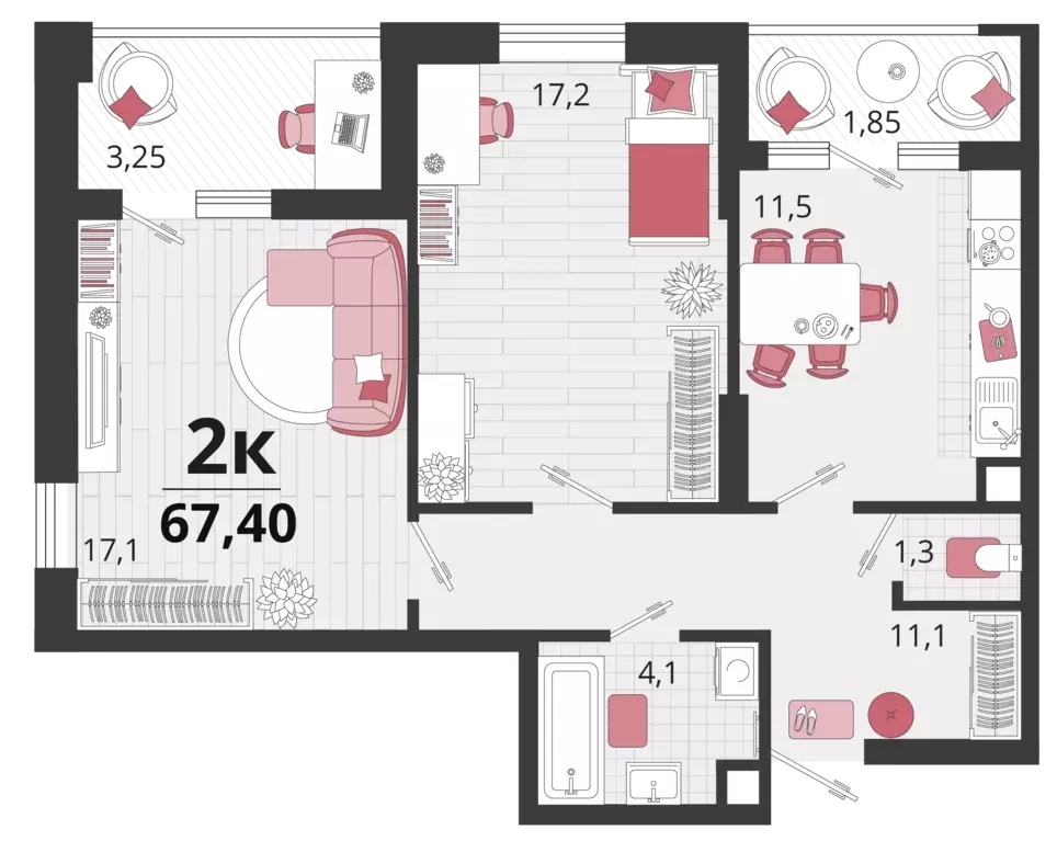 2-к квартира, 67.4 м - Фото 0