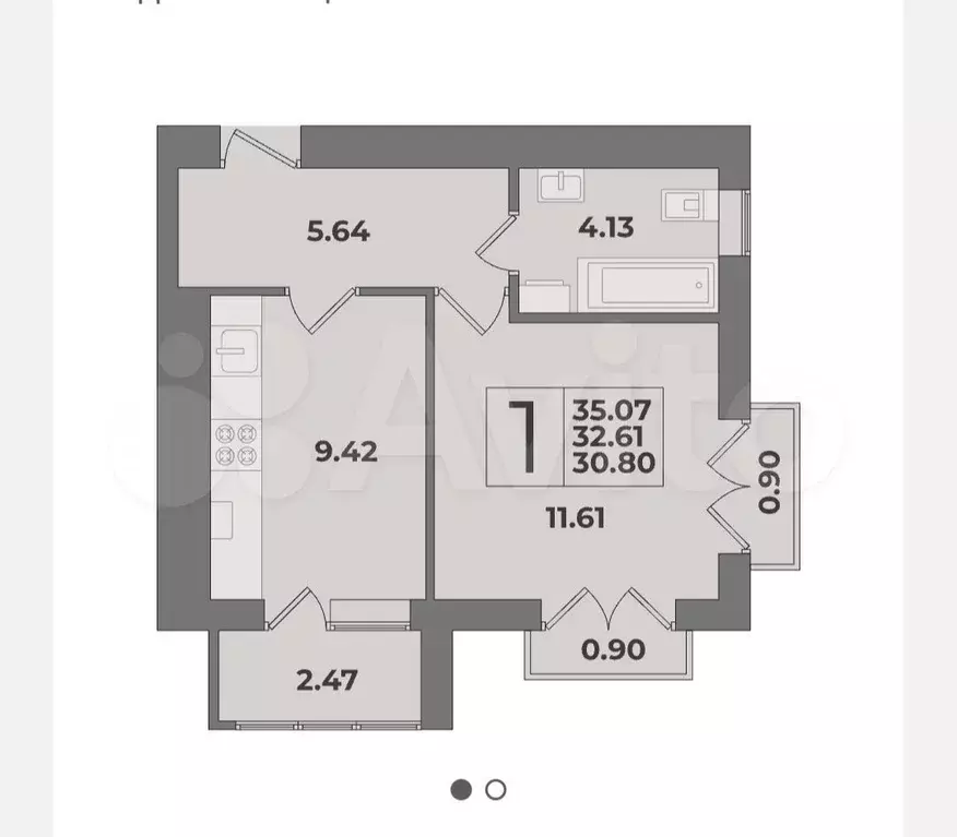 1-к. квартира, 35,1 м, 3/9 эт. - Фото 1