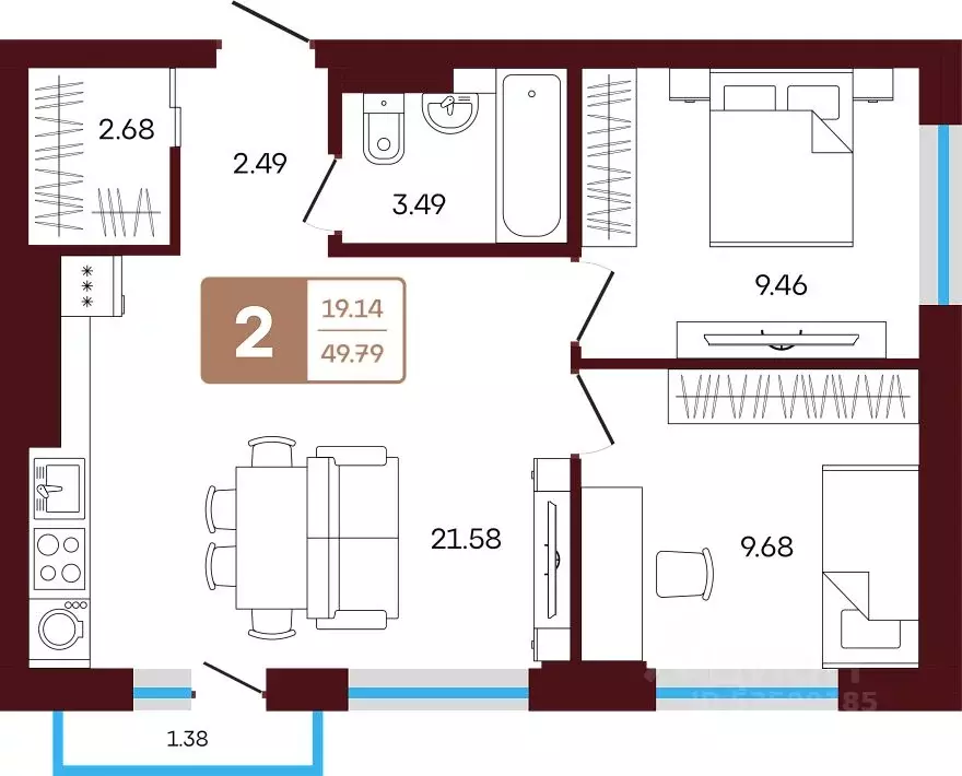 2-к кв. Башкортостан, Иглинский район, с. Акбердино  (49.79 м) - Фото 1