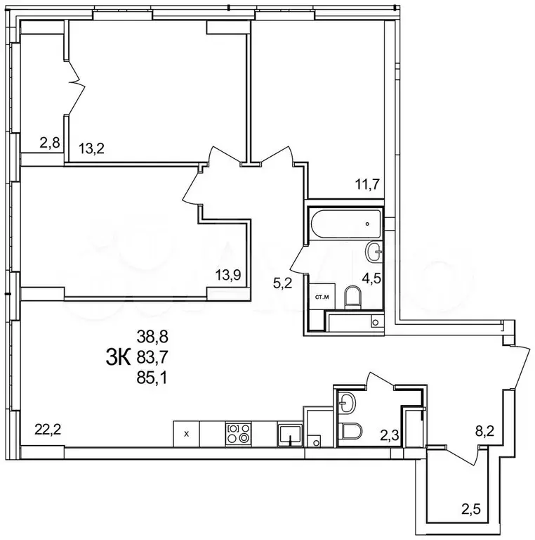 3-к. квартира, 85 м, 4/25 эт. - Фото 1