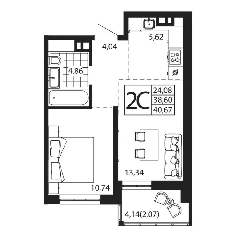 2-к квартира, 39.95 м - Фото 0
