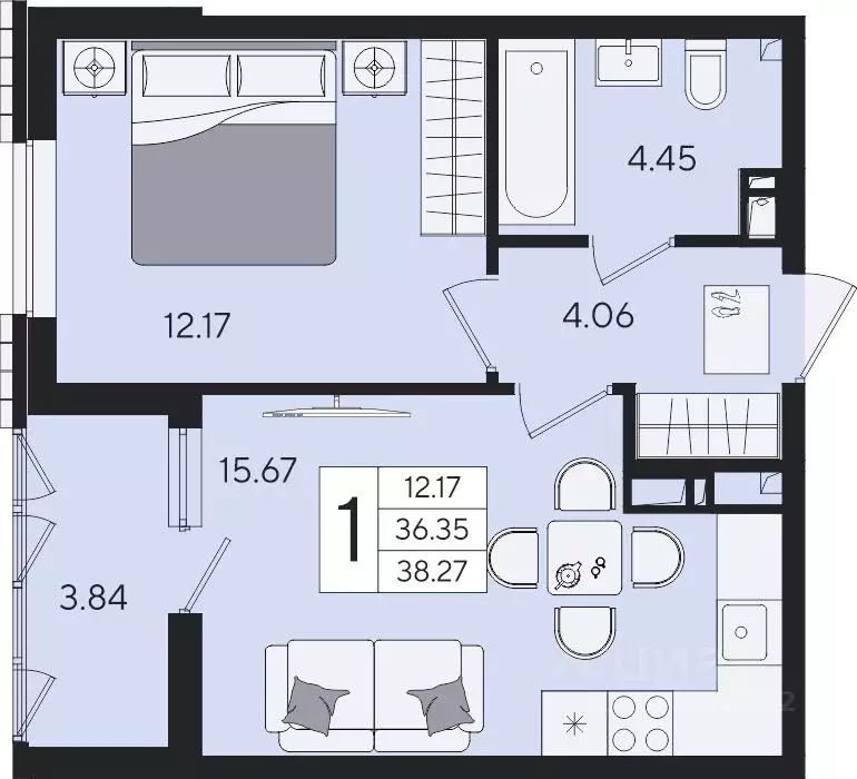 1-к кв. Краснодарский край, Краснодар  (38.27 м) - Фото 2