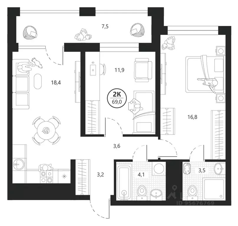 2-к кв. Тюменская область, Тюмень ул. Разведчика Кузнецова, 16 (69.0 ... - Фото 0