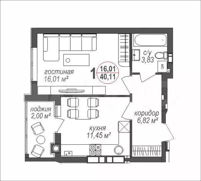 1-к. квартира, 40,1 м, 6/8 эт. - Фото 0