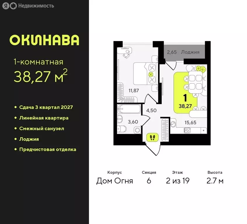 1-комнатная квартира: Тюмень, жилой комплекс Окинава (38.27 м) - Фото 0