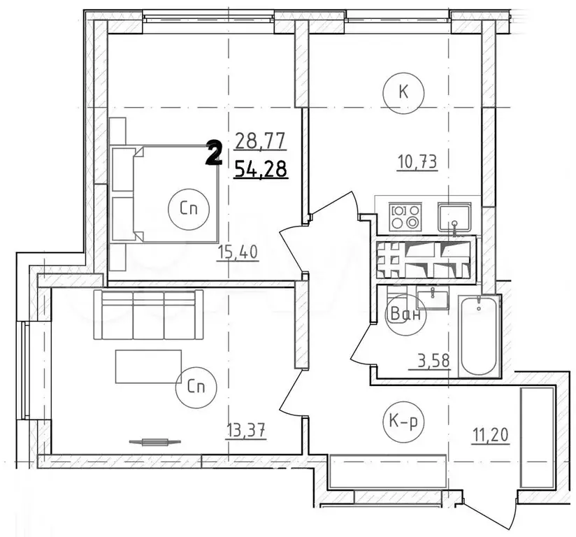 2-к. квартира, 54,3м, 26/28эт. - Фото 1