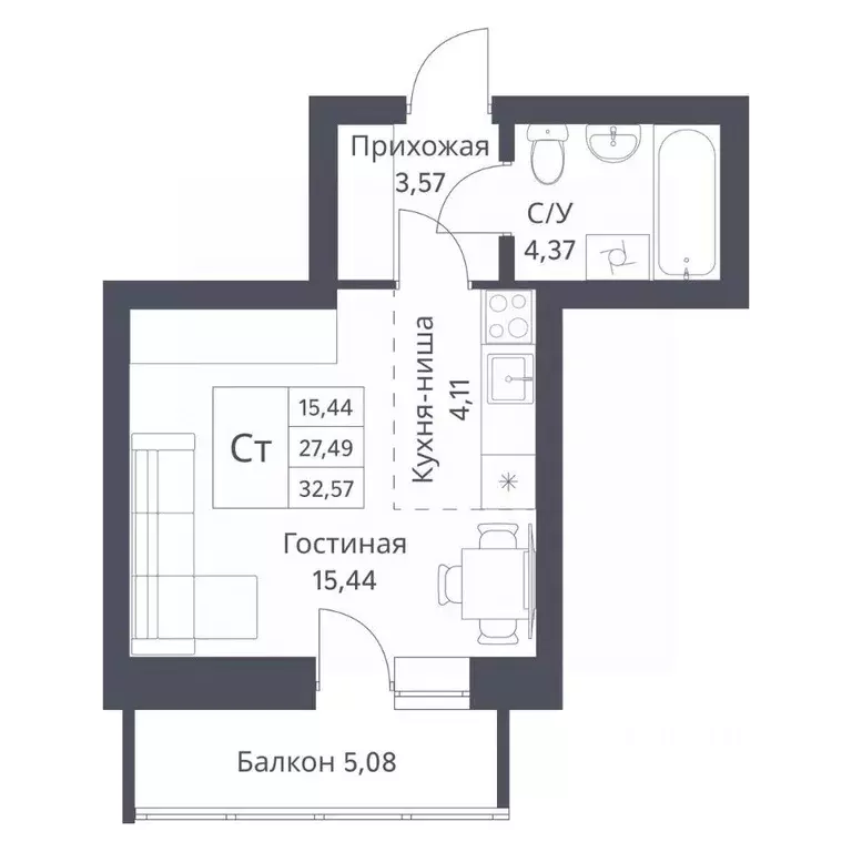 Студия Новосибирская область, Новосибирск Игарская ул., 40/2 (27.49 м) - Фото 0