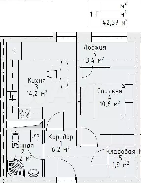 1-к. квартира, 42,6 м, 9/16 эт. - Фото 0