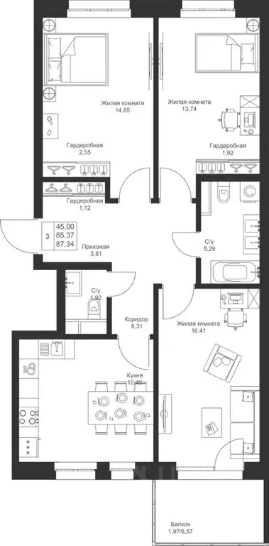3-к кв. Татарстан, Лаишевский район, Столбищенское с/пос, с. Усады ул. ... - Фото 1