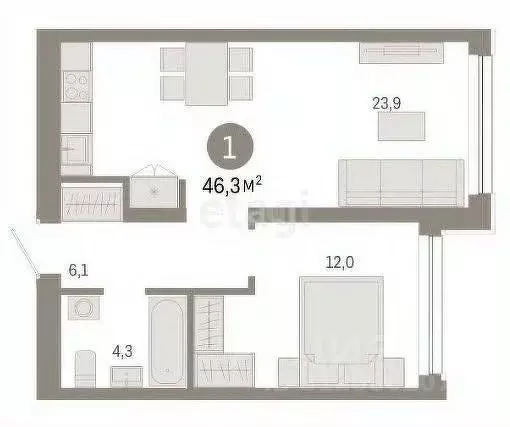 1-к кв. Новосибирская область, Новосибирск  (46.34 м) - Фото 1