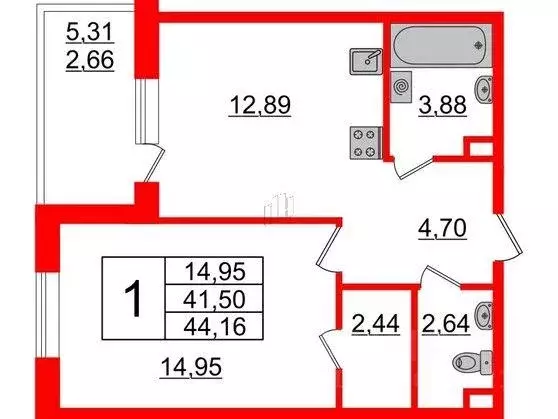Квартира, 1 комната, 44.16 м - Фото 0