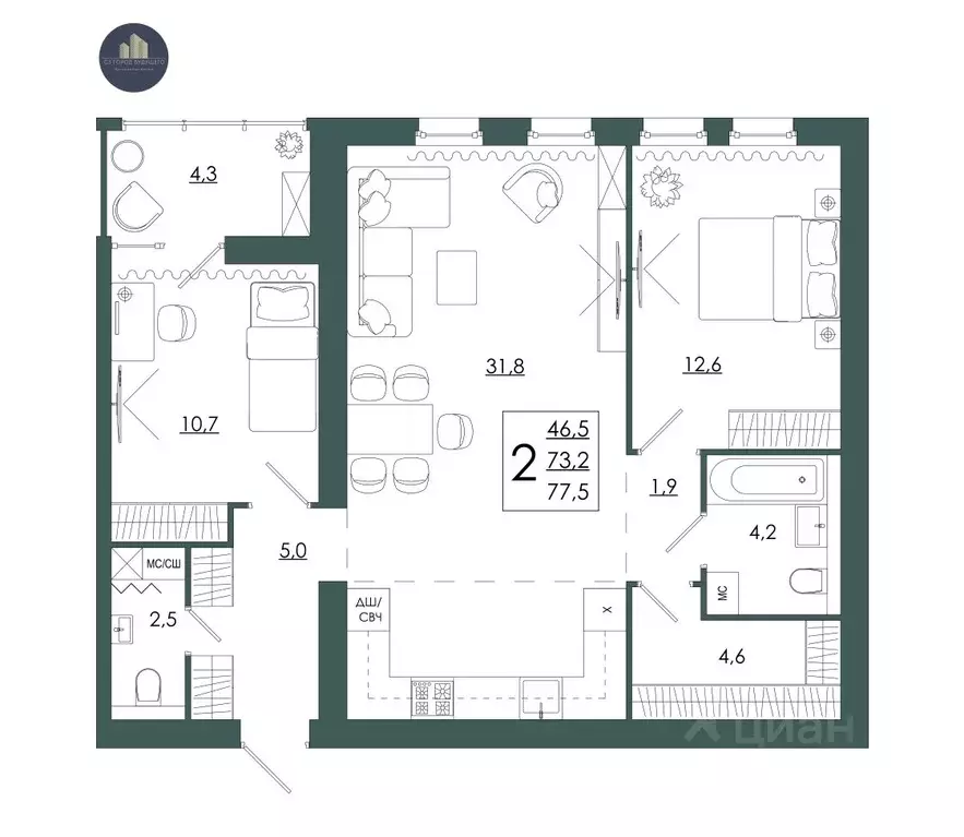 2-к кв. Смоленская область, Смоленск ул. 2-я Киевская, 20Ак1 (77.5 м) - Фото 1