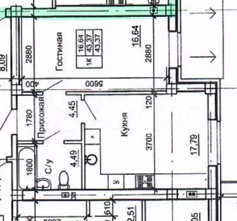 1-к. квартира, 46,5 м, 2/5 эт. - Фото 0