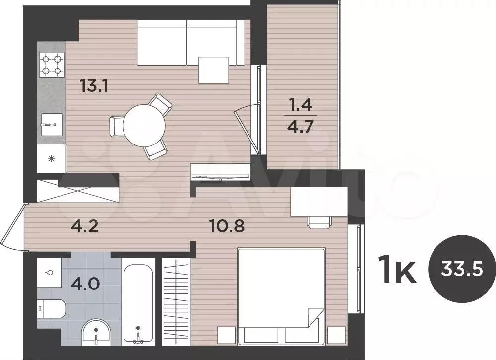 1-к. квартира, 33,5 м, 5/9 эт. - Фото 1