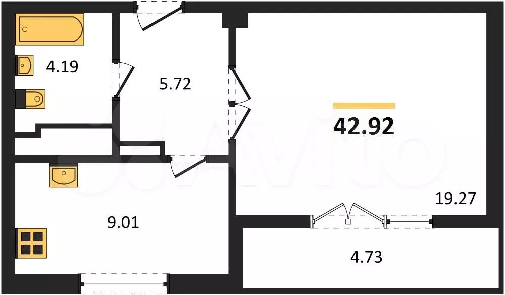 1-к. квартира, 42,9 м, 6/9 эт. - Фото 1