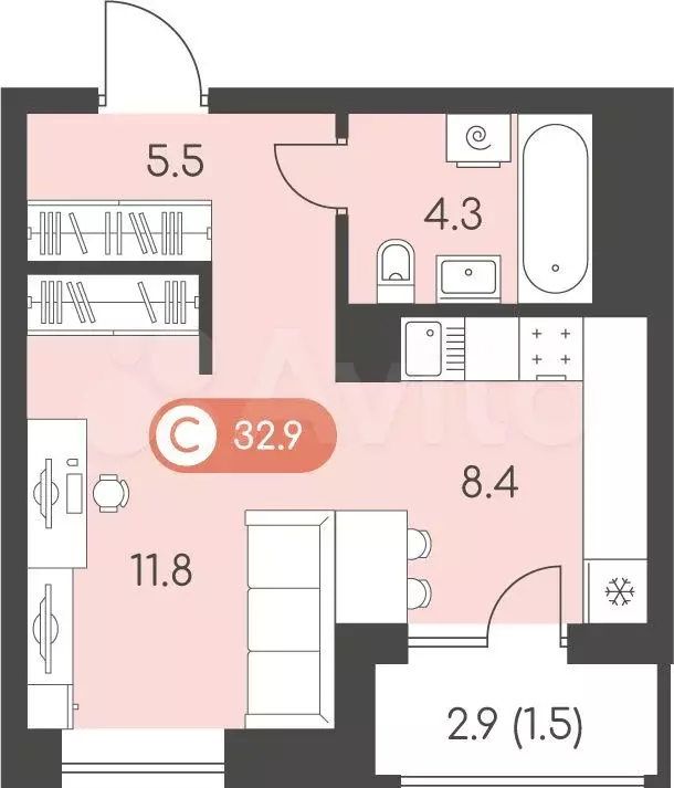 Квартира-студия, 32,9 м, 6/10 эт. - Фото 0