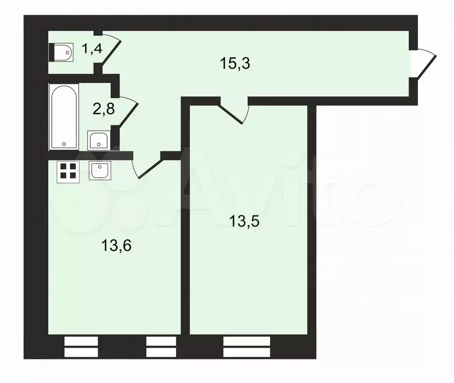 1-к. квартира, 46,6 м, 2/5 эт. - Фото 0