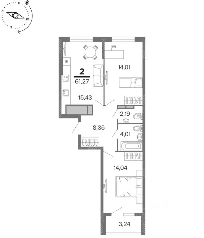 2-к кв. Рязанская область, Рязань Бирюзова Парк жилой комплекс (61.27 ... - Фото 1