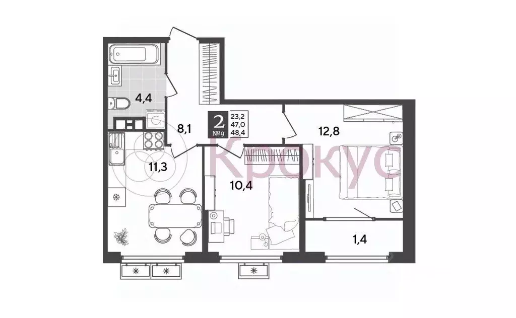 Квартира, 2 комнаты, 48 м - Фото 0