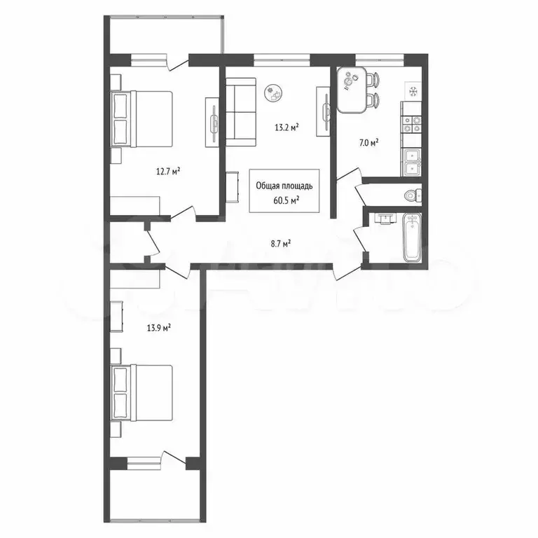 3-к. квартира, 60,5 м, 2/9 эт. - Фото 0