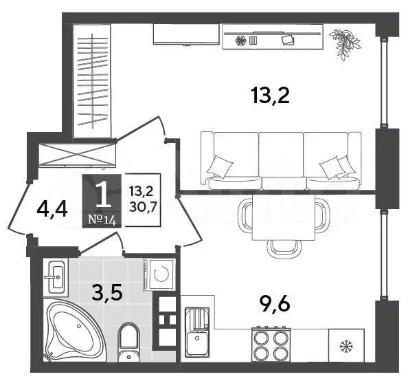 1-к. квартира, 30,7 м, 4/9 эт. - Фото 1