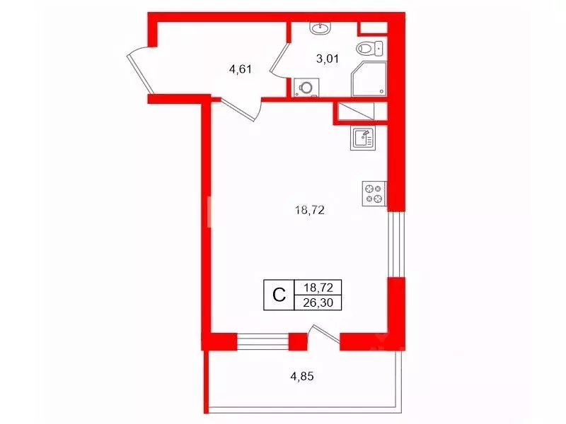 Студия Санкт-Петербург 1-й Предпортовый проезд, 11 (26.3 м) - Фото 1