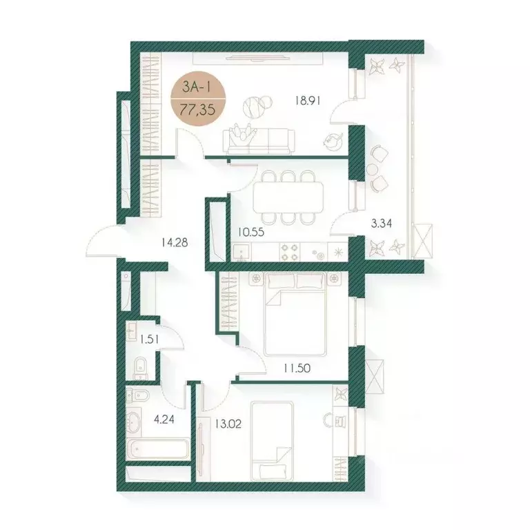 3-к кв. Татарстан, Казань Родины мкр, Наследие жилой комплекс (77.35 ... - Фото 1