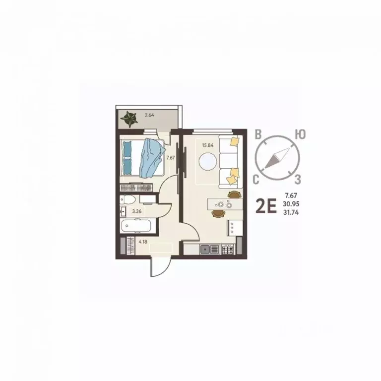 Студия Курская область, Курск ул. Энгельса, 115А/3 (31.74 м) - Фото 1