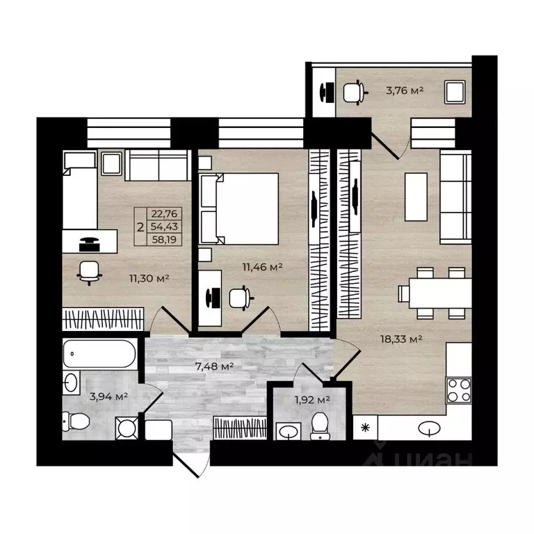 2-к кв. Ярославская область, Ярославль Тормозное ш. (58.19 м) - Фото 0