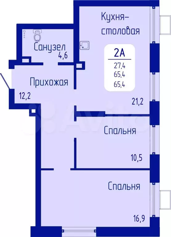 2-к. квартира, 65,4 м, 1/21 эт. - Фото 0