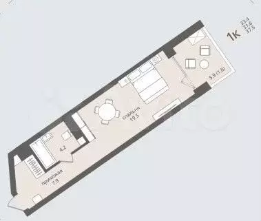 Апартаменты-студия, 37,5 м, 5/5 эт. - Фото 1