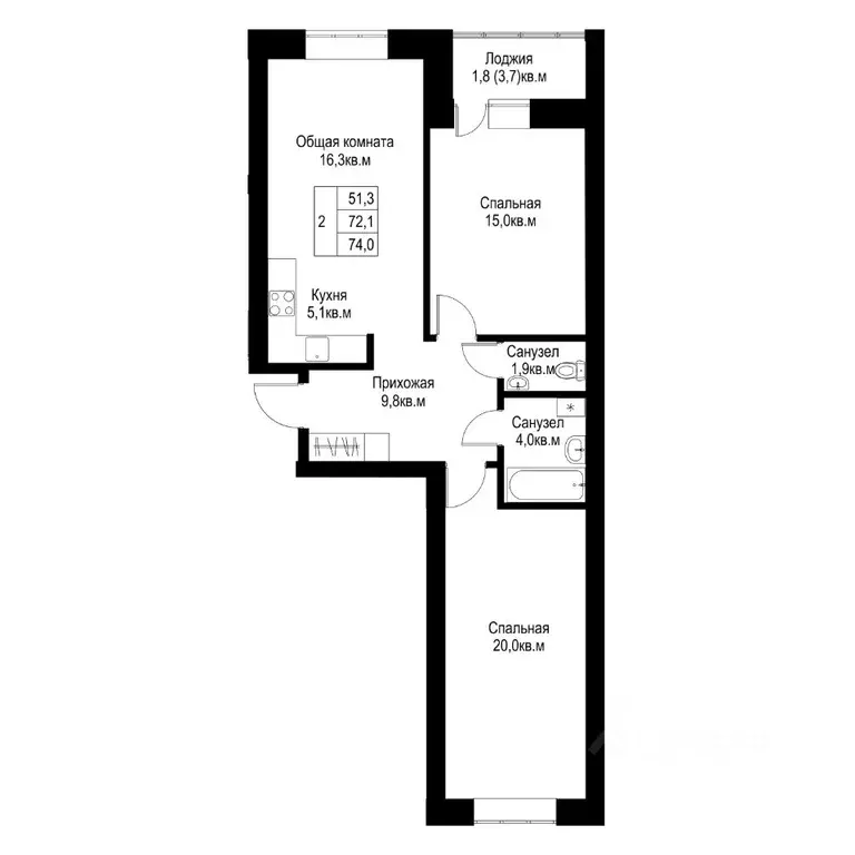 2-к кв. Татарстан, Альметьевск  (74.0 м) - Фото 1