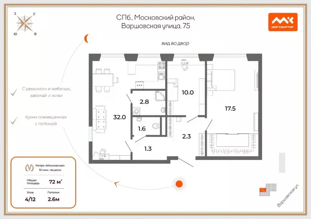 3-к кв. Санкт-Петербург Варшавская ул., 75 (72.0 м) - Фото 1