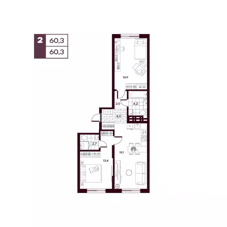 2-к кв. Тюменская область, Тюменский муниципальный округ, д. Дударева ... - Фото 1