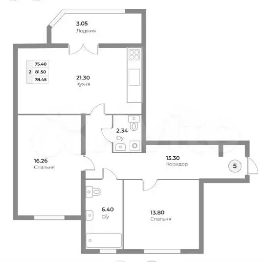2-к. квартира, 78,5 м, 2/4 эт. - Фото 1