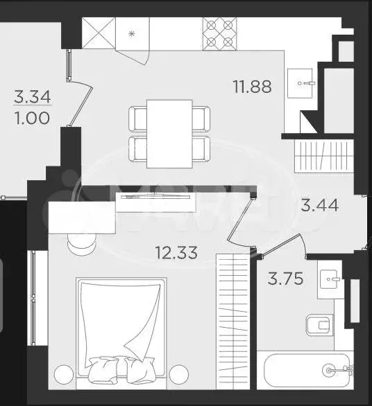 1-к. квартира, 34,7 м, 5/9 эт. - Фото 1