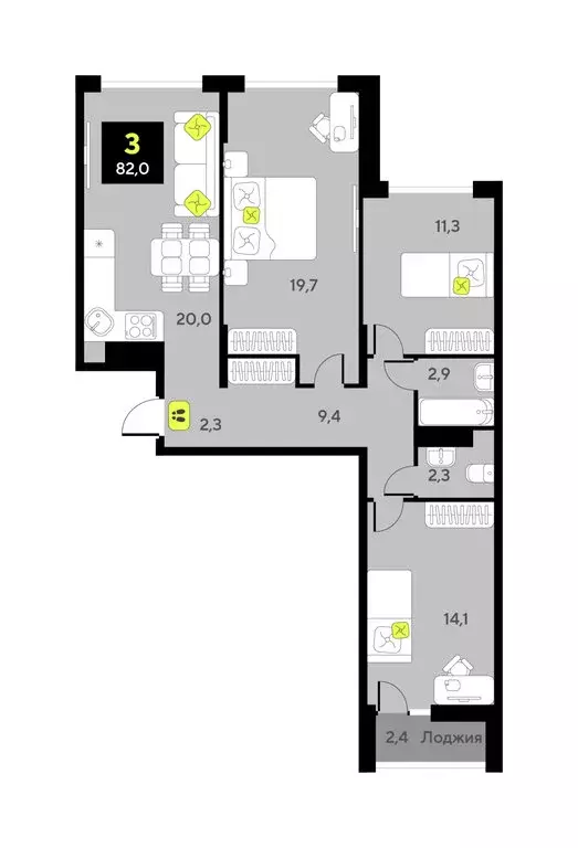 3-комнатная квартира: Тюмень, улица Ивана Чистякова, 3 (82 м) - Фото 1