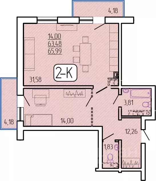 2-к кв. Бурятия, Улан-Удэ 129-й мкр,  (65.99 м) - Фото 1