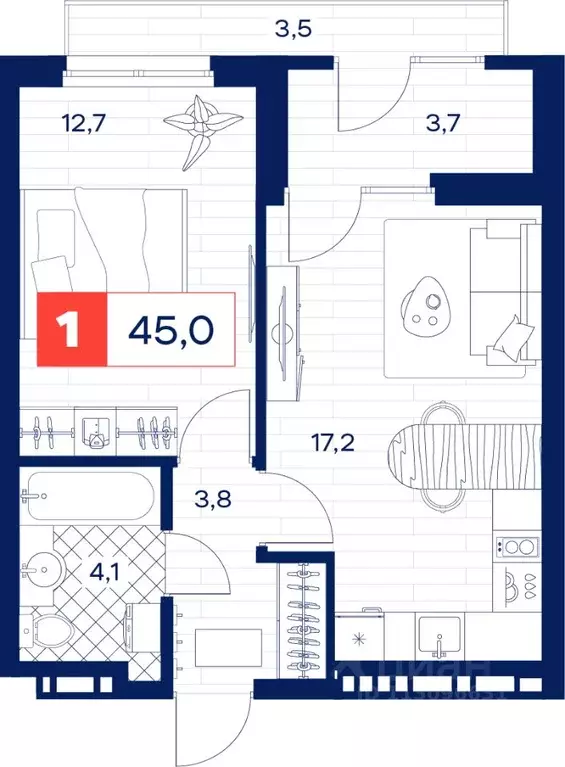 1-к кв. Тюменская область, Тюмень  (45.0 м) - Фото 0