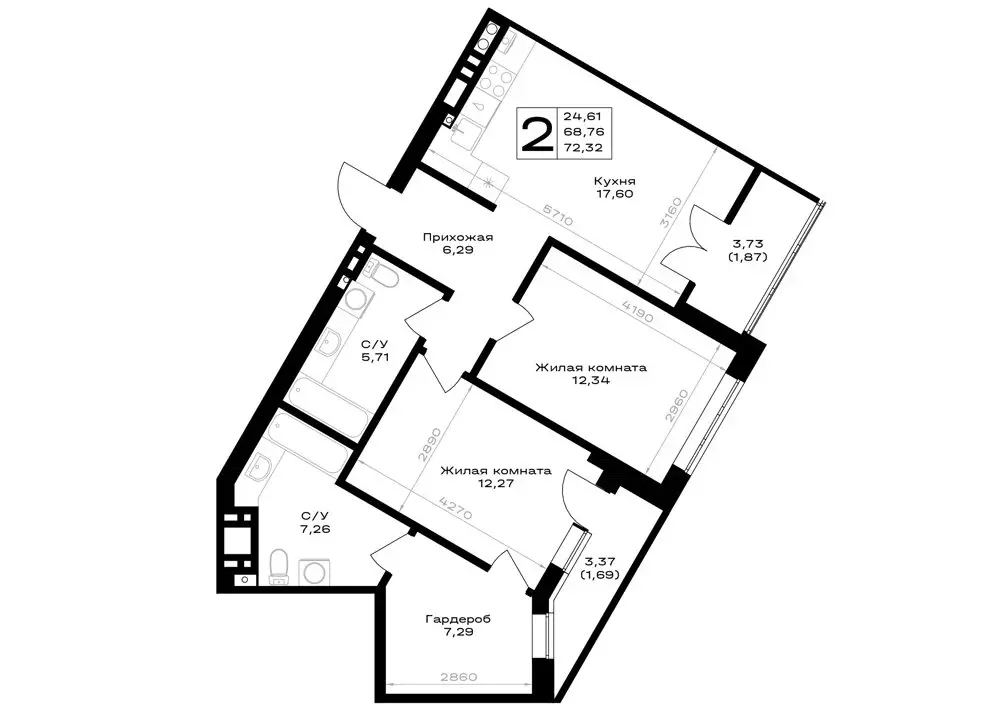 2-комнатная квартира: Гурьевск, жилой комплекс Включи (72.32 м) - Фото 1