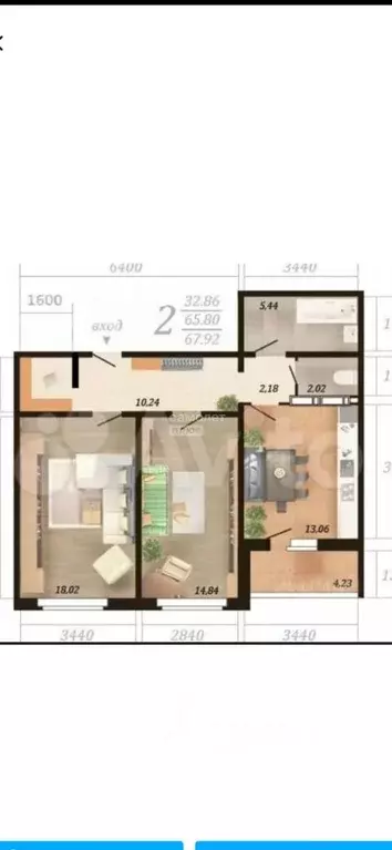 2-к кв. Липецкая область, Липецк ул. Хренникова, 5 (68.0 м) - Фото 1
