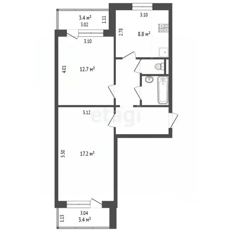 2-к кв. Белгородская область, Белгород ул. Щорса, 55а (51.4 м) - Фото 2