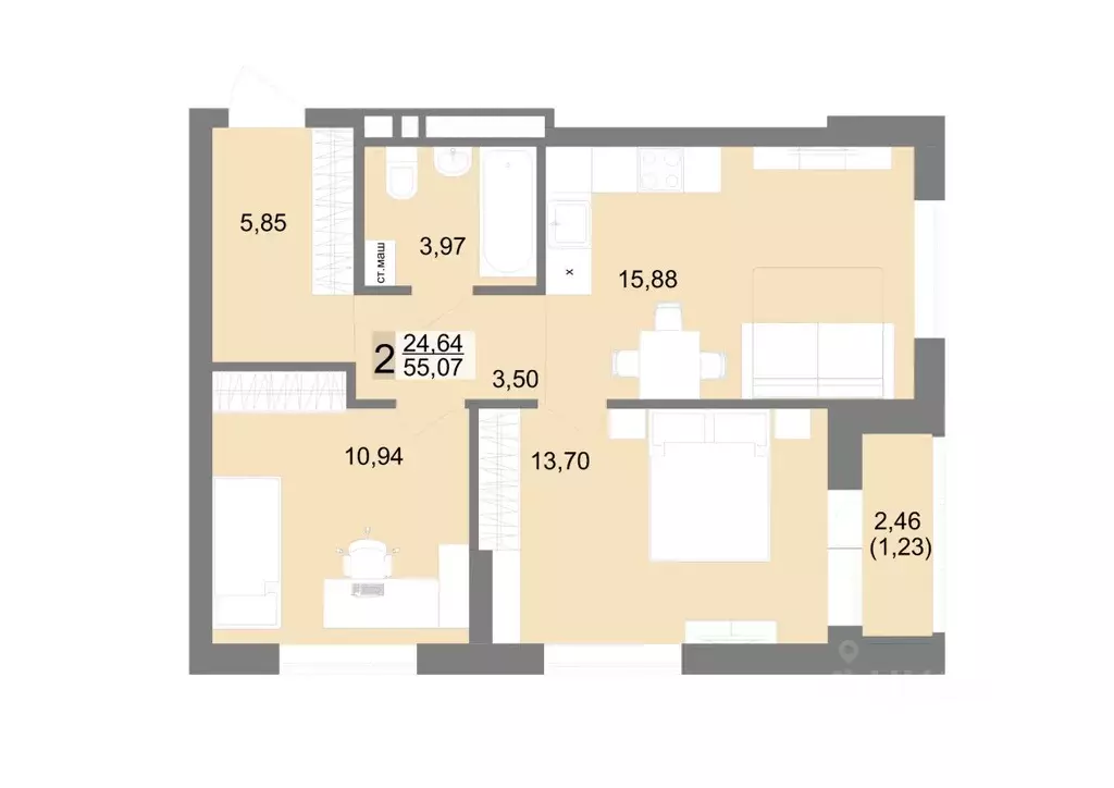 2-к кв. Свердловская область, Екатеринбург ул. Тенистая, 8с5 (55.07 м) - Фото 1