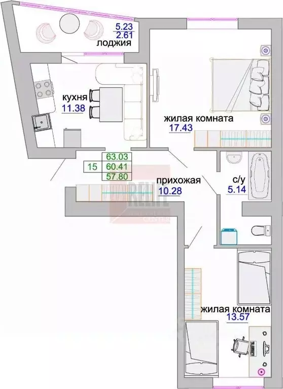 2-к кв. Калининградская область, Зеленоградск ул. Тургенева, 16А (61.4 ... - Фото 1